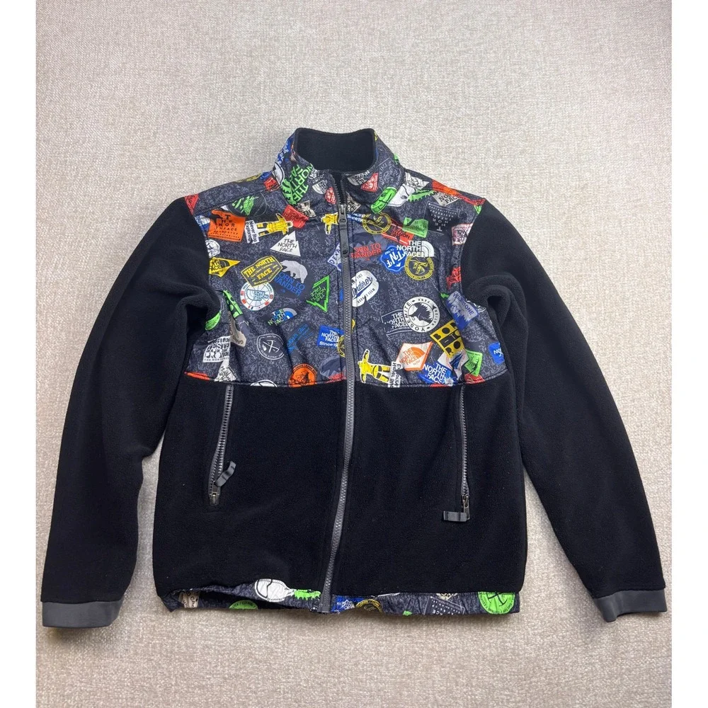 The North Face Boy Denali Fleece Jacket Black Sticker Print Full Zip Large 14/16